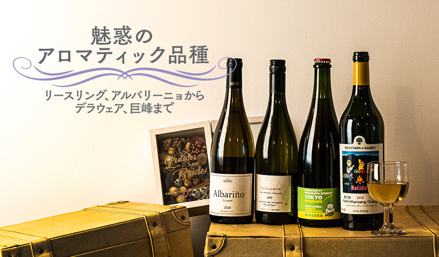 魅惑のアロマティック品種。リースリング、アルバリーニョからデラウェア、巨峰まで。香り高い、アロマティック品種のブドウを使った日本ワインをセレクト！日本らしい品種と欧州系品種、それぞれの魅力を飲み比べるのも楽しみです。
